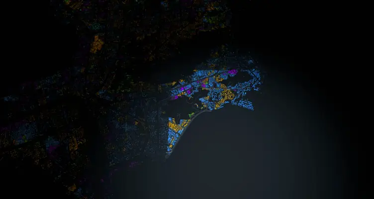 Looping aerial roam across classified building functions in the GBA-UBF 3D city